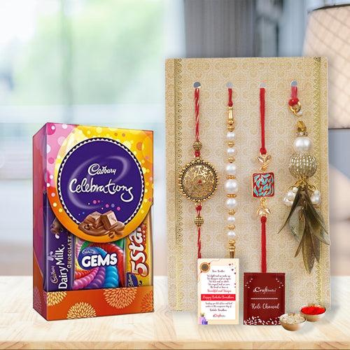 Set of 4 Floral, Pearls, Diamonds, Lumba Designer Rakhis with Cadbury Celebrations, Roli Chawal Pack, Raksha Bandhan Greeting Card
