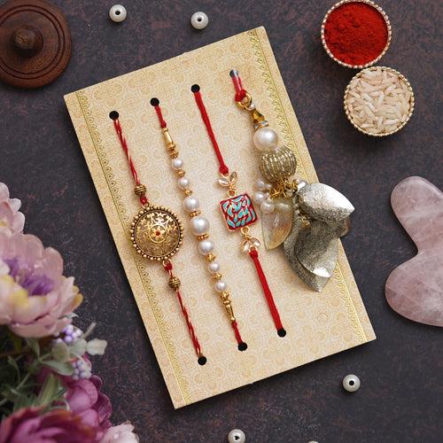 Set of 4 Floral, Pearls, Diamonds, Lumba Designer Rakhis with Cashew Almond Dryfruits and Roli Chawal Pack, Raksha Bandhan Greeting Card