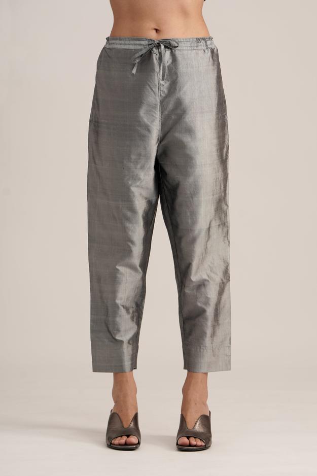 GREY SILK STRAIGHT PANTS