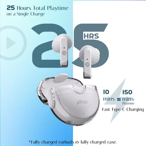 pTron Bassbuds Tunes 5.1 Bluetooth Truly Wireless in Ear Earbuds with Mic 25Hrs Playtime, 13Mm Dynamic Driver, Immersive Audio, Touch Control, Voice Assistance, Ipx4 & Type-C Charging (White)