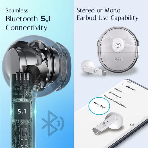 pTron Bassbuds Tunes 5.1 Bluetooth Truly Wireless in Ear Earbuds with Mic 25Hrs Playtime, 13Mm Dynamic Driver, Immersive Audio, Touch Control, Voice Assistance, Ipx4 & Type-C Charging (White)