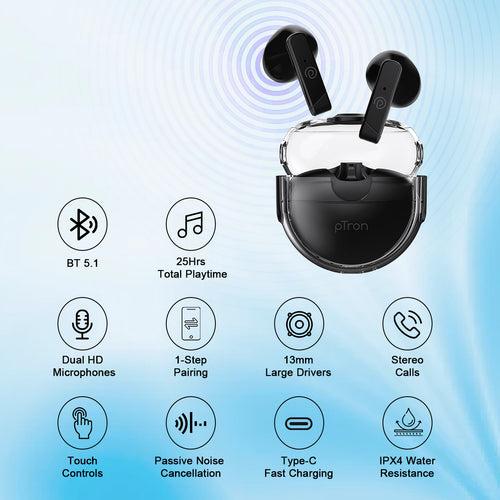 pTron Bassbuds Tunes 5.1 Bluetooth Truly Wireless in Ear Earbuds with Mic 25Hrs Playtime, 13Mm Dynamic Driver, Immersive Audio, Touch Control, Voice Assistance, Ipx4 & Type-C Charging (Black)
