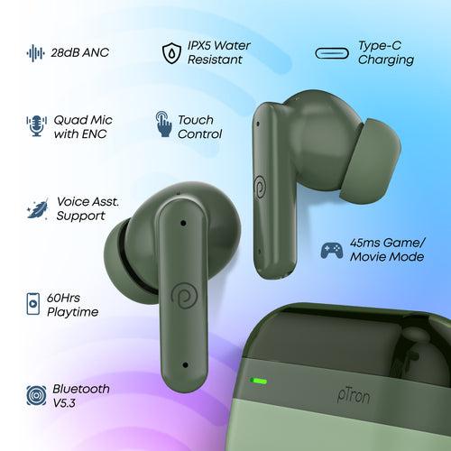 pTron Zenbuds 1 ANC Earbuds with Quad Mic TruTalk ENC Calls (Green)