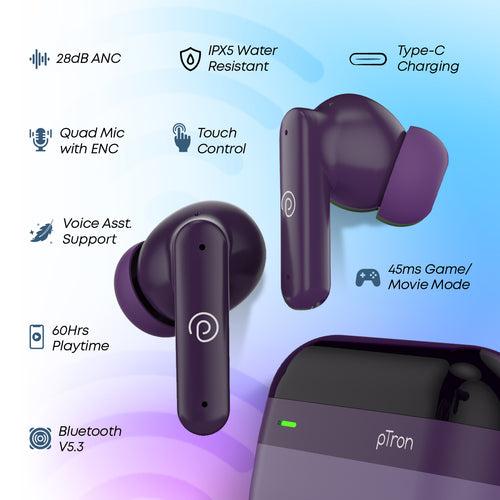 pTron Zenbuds 1 ANC Earbuds with Quad Mic TruTalk ENC Calls (Purple)