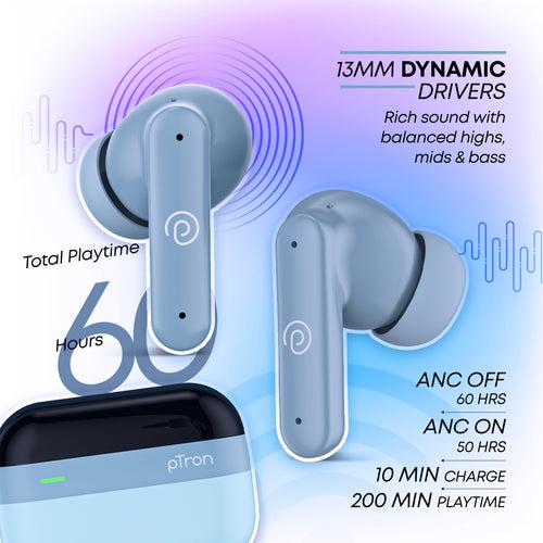 pTron Zenbuds 1 ANC Earbuds with Quad Mic TruTalk ENC Calls (Blue)