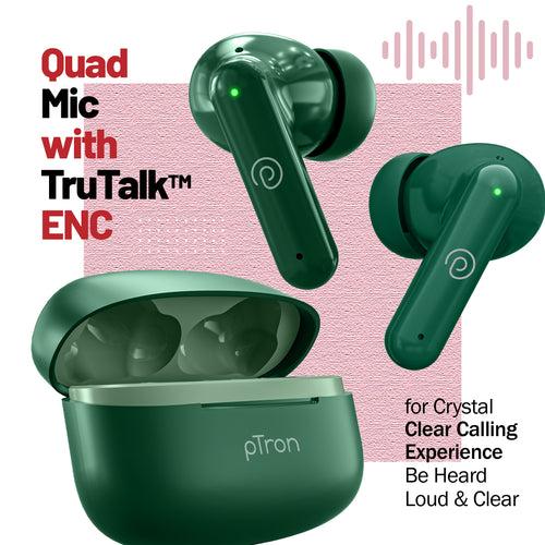 pTron  Zenbuds X1 Quad Mic TWS Earbuds, TruTalk ENC Calls (Green)