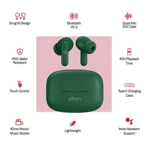 pTron  Zenbuds X1 Quad Mic TWS Earbuds, TruTalk ENC Calls (Green)