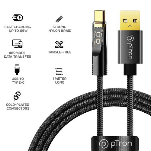 pTron Solero 65W USB to Type-C Super Fast Charging USB Cable (1M,Black)