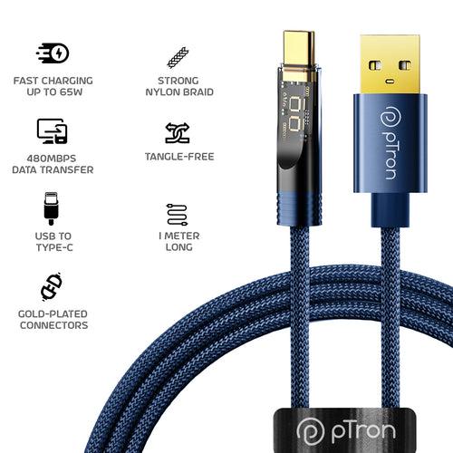 pTron Solero 65W USB to Type-C Super Fast Charging USB Cable (1M,Blue)