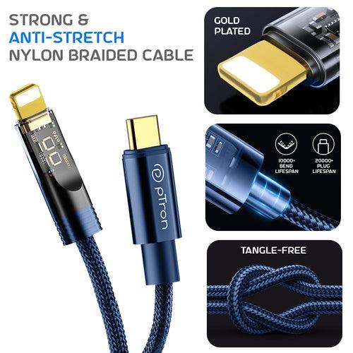 pTron Solero 30W Type-C to 8 Pin USB Fast Charging Nylon Braided Cable (1M, Blue)