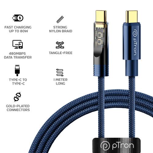 pTron Solero 80W Type-C to Type-C Super Fast Charging USB Cable(1M,Blue)