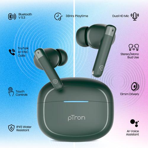 pTron Bassbuds Duo Pro TWS Earbuds with HD Mic (Green)