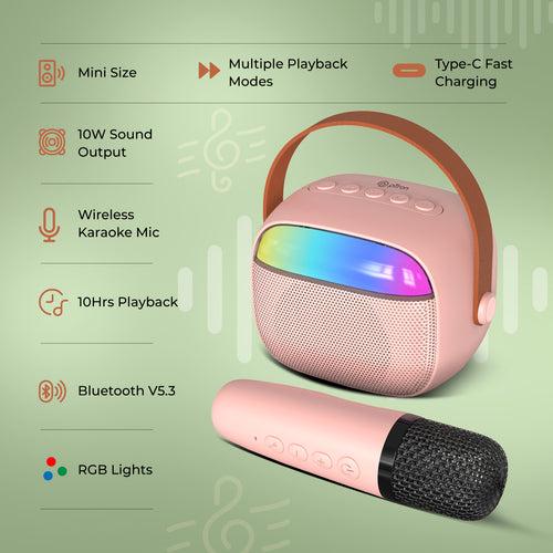 pTron Fusion Smart 10W Mini Bluetooth Speaker with Wireless Karaoke Mic, 10Hrs Playtime, RGB Lights, Voice Effects(Pink)