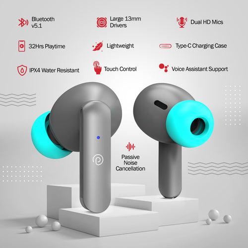 pTron Bassbuds Air In-Ear TWS Earbuds with 13mm Driver for Immersive Sound, 32Hrs Playtime, Clear Calls, Bluetooth V5.1, Touch Control, TypeC Fast Charging, Voice Assist & IPX4 Water Resistant (Grey)