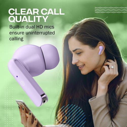 pTron Bassbuds Air In-Ear TWS Earbuds with 13mm Driver for Immersive Sound, 32Hrs Playtime, Clear Calls, Bluetooth V5.1, Touch Control, TypeC Fast Charging, Voice Assist & IPX4 Water Resistant (Light Lilac)