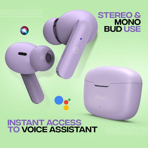 pTron Bassbuds Air In-Ear TWS Earbuds with 13mm Driver for Immersive Sound, 32Hrs Playtime, Clear Calls, Bluetooth V5.1, Touch Control, TypeC Fast Charging, Voice Assist & IPX4 Water Resistant (Light Lilac)