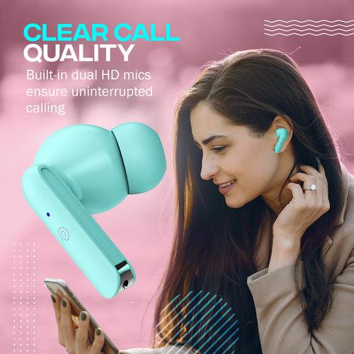 pTron Bassbuds Air In-Ear TWS Earbuds with 13mm Driver for Immersive Sound, 32Hrs Playtime, Clear Calls, Bluetooth V5.1, Touch Control, TypeC Fast Charging, Voice Assist & IPX4 Water Resistant (Mint Green)