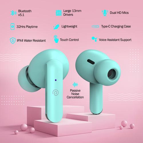 pTron Bassbuds Air In-Ear TWS Earbuds with 13mm Driver for Immersive Sound, 32Hrs Playtime, Clear Calls, Bluetooth V5.1, Touch Control, TypeC Fast Charging, Voice Assist & IPX4 Water Resistant (Mint Green)