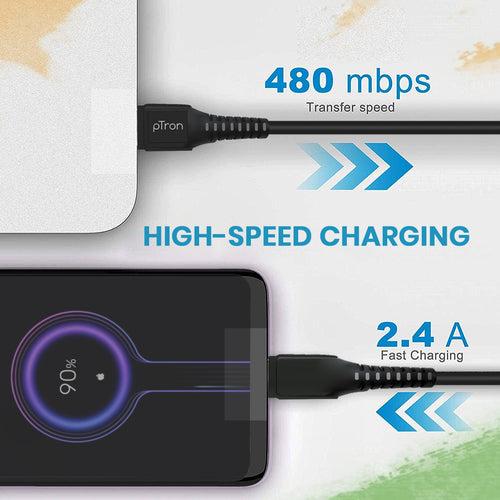 pTron Volta 12W Fast Charging USB Charger with 1m 2.4A Micro USB Cable, Made in India, BIS Certified Single Port USB Wall Adapter (Black)