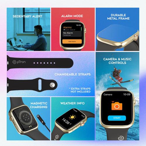 pTron Pulsefit P61 4.6 cm Full Touch Display Bluetooth Calling Fitness Smartwatch (Black/Gold)