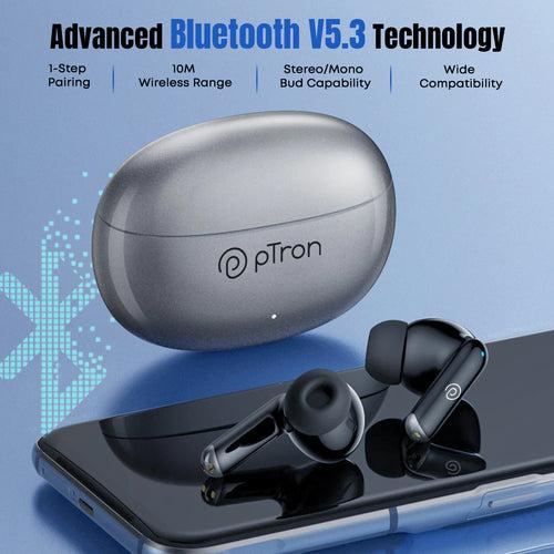 pTron Basspods Glamor TWS Earbuds with Mic, ENC, 13mm Driver, Immersive Sound, BT 5.3 Headphones, Quick Pairing, Touch Control, Fast Charging & 30Hrs Playtime, IPX4 & Voice Assist (Grey/Black)