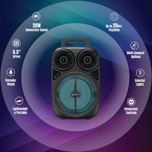 pTron Fusion Stage 20W Bluetooth Wireless Party Speaker with Wired Karaoke Mic, 20Hrs Playtime, Immersive Sound, BT V5.2, 3.5mm AUX, USB, Micro SD Card Slot & Integrated Controls (Black)