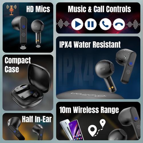 pTron Bassbuds B11 with 13mm Drivers, Stereo Calls, 28Hrs Playback & Touch Control TWS (Black)