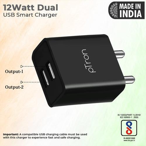 pTron Volta Dual Port 12W Smart USB Charger Adapter, Multi-Layer Protection, Made in India, BIS Certified, Fast Charging Power Adaptor Without Cable for All iOS & Android Devices (Black)