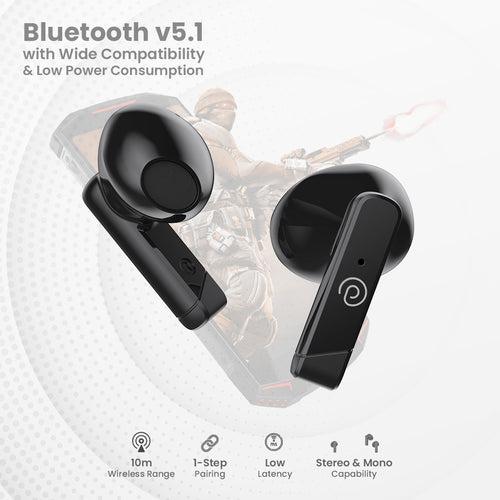 pTron Bassbuds Fute 5.1 Bluetooth Truly Wireless in Ear Earbuds with Mic 25Hrs Playtime, 13Mm Dynamic Driver, Immersive Audio, Touch Control, Voice Assistance, Ipx4 & Type-C Charging (Black)