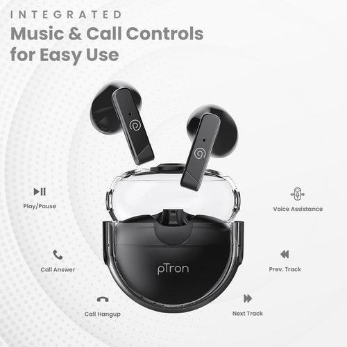 pTron Bassbuds Fute 5.1 Bluetooth Truly Wireless in Ear Earbuds with Mic 25Hrs Playtime, 13Mm Dynamic Driver, Immersive Audio, Touch Control, Voice Assistance, Ipx4 & Type-C Charging (Black)