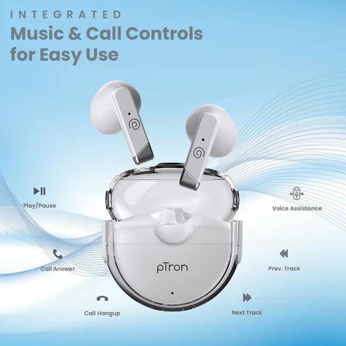 pTron Bassbuds Fute 5.1 Bluetooth Truly Wireless in Ear Earbuds with Mic 25Hrs Playtime, 13Mm Dynamic Driver, Immersive Audio, Touch Control, Voice Assistance, Ipx4 & Type-C Charging (White)