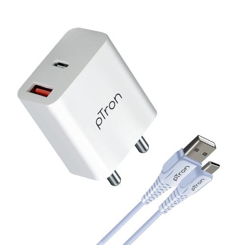 pTron Volta FC15 20W Fast PD/Type-C & USB Charger Adapter with Type-C 1M USB Cable, Auto-detect Technology, Multi-Layer Protection, iPhone & Android Compatibility, Made in India Adaptor (White)