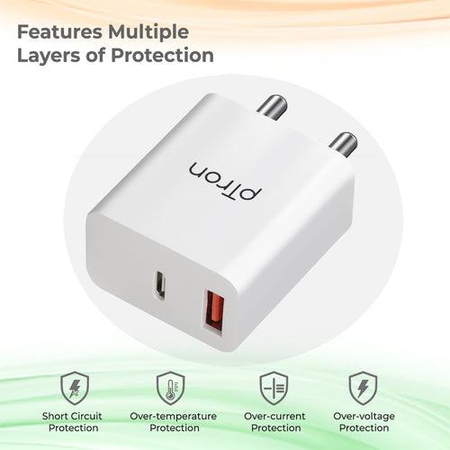 pTron Volta FC15 20W Fast PD/Type-C & USB Charger Adapter with Type-C 1M USB Cable, Auto-detect Technology, Multi-Layer Protection, iPhone & Android Compatibility, Made in India Adaptor (White)