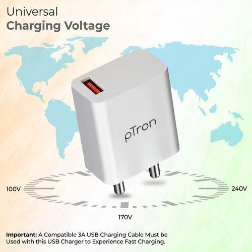 pTron Volta FC12 20W QC3.0 Smart USB Charger with Type-C 1M USB Cable, Made in India, Auto-detect Technology, Multi-Layer Protection, Fast Charging Adaptor for All Android & iOS Devices (White)