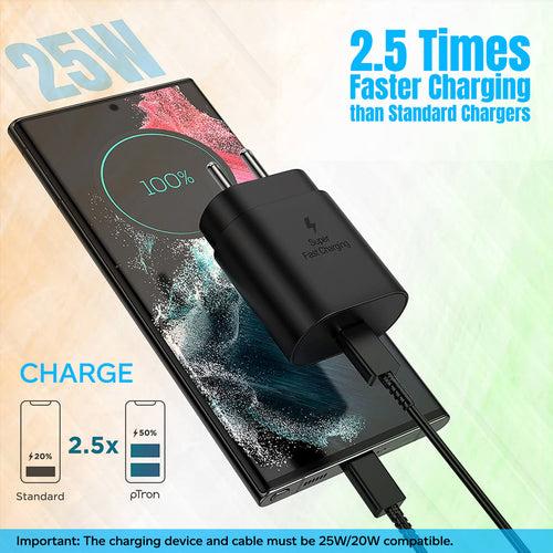 pTron Volta FC17 25W Type-C/PD Super Fast Charger for Samsung Galaxy S21/S21+/S21 Ultra/S20/S20+/S20 Ultra/Note 20/Note 20 Ultra/Note 10/Note10+ M51/M42/F23 5G/M53 5G/M52 5G/M33 (Charger only) Black