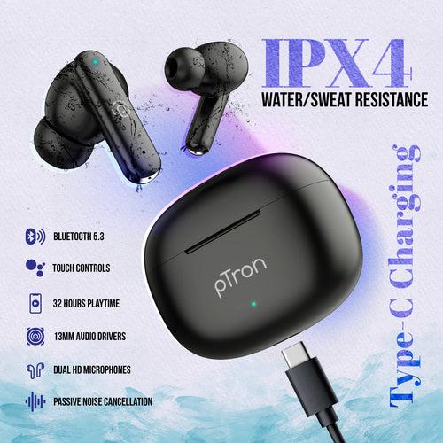 pTron Bassbuds Air In-Ear TWS Earbuds with 13mm Driver for Immersive Sound, 32Hrs Playtime, Clear Calls, Bluetooth V5.1, Touch Control, TypeC Fast Charging, Voice Assist & IPX4 Water Resistant (Black)