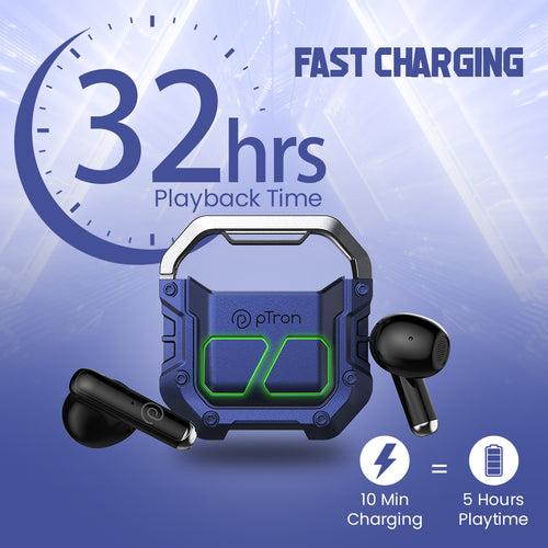 pTron Bassbuds Xtreme In-Ear Wireless Headphone with 32Hrs Playtime, BT5.3, 13mm Driver, Stereo Calls, DeepBass, Touch Control TWS Earbuds, Zany Case & Type-C Fast Charging (Blue/Black)