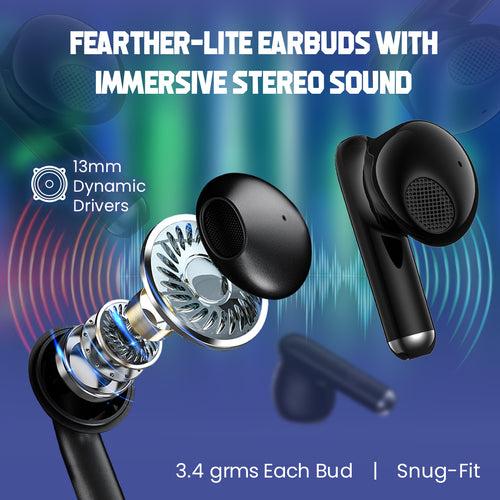 pTron Bassbuds Xtreme In-Ear Wireless Headphone with 32Hrs Playtime, BT5.3, 13mm Driver, Stereo Calls, DeepBass, Touch Control TWS Earbuds, Zany Case & Type-C Fast Charging (Blue/Black)