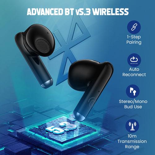 pTron Bassbuds Xtreme In-Ear Wireless Headphone with 32Hrs Playtime, BT5.3, 13mm Driver, Stereo Calls, DeepBass, Touch Control TWS Earbuds, Zany Case & Type-C Fast Charging (Blue/Black)