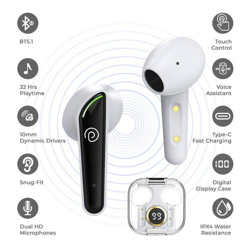 pTron Bassbuds Nyx in-Ear Wireless Headphone with 32Hrs Playtime, Immersive Audio, BT5.1, Stereo Calls, Touch Control TWS Earbuds, Digital Case & Type-C Fast Charging (White/Black)