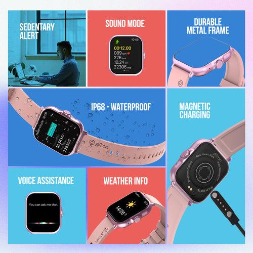 pTron Pulsefit P61+ 4.6 cm Full Touch Display Bluetooth Calling Fitness Smartwatch (Pink)