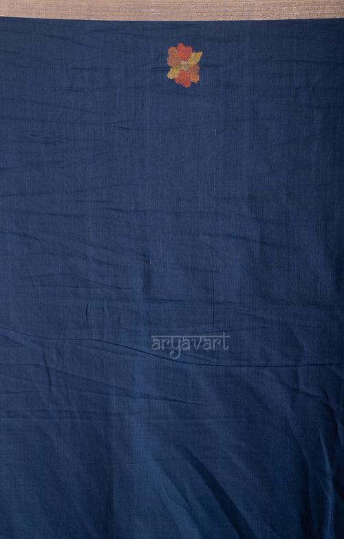 Midnight Blue Cotton Saree with Tussar Border & Jamdani Woven Design