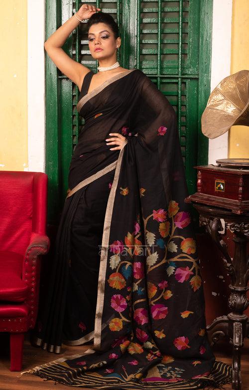 Black Cotton Saree with Tussar Border & Jamdani Woven Design