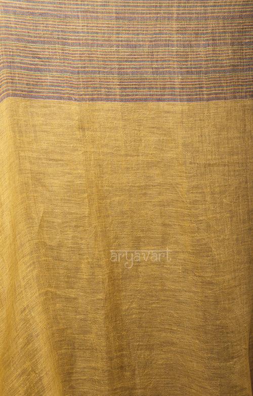 Mustard Yellow Linen Saree With Multi Coloured Woven Border