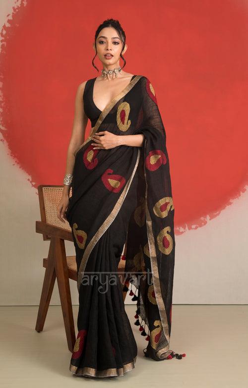 Black Linen Saree With Jamdani Paisley Woven Design