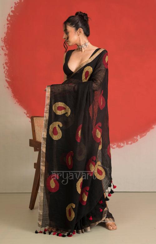 Black Linen Saree With Jamdani Paisley Woven Design