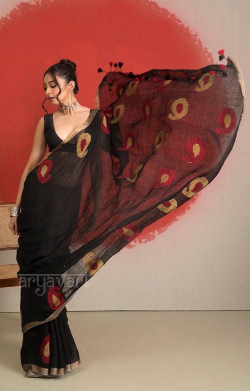 Black Linen Saree With Jamdani Paisley Woven Design