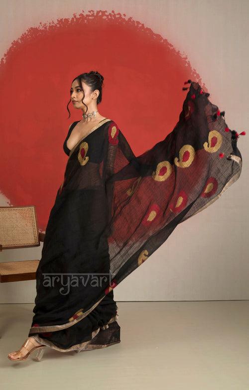 Black Linen Saree With Jamdani Paisley Woven Design