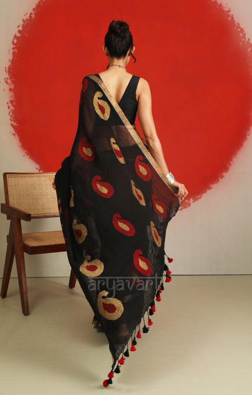 Black Linen Saree With Jamdani Paisley Woven Design