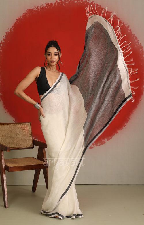 Sparkling White Linen Saree with Black Border